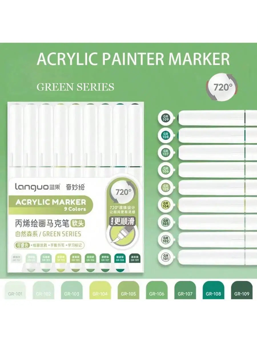 9pc Soft Brush Acrylic Marker Set – Vibrant DIY Paint Pens for Students & Artists