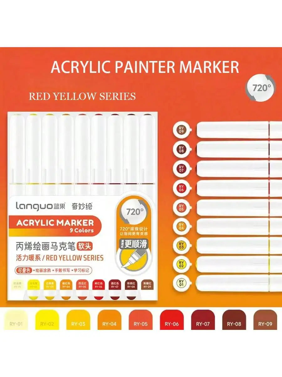 9pc Soft Brush Acrylic Marker Set – Vibrant DIY Paint Pens for Students & Artists