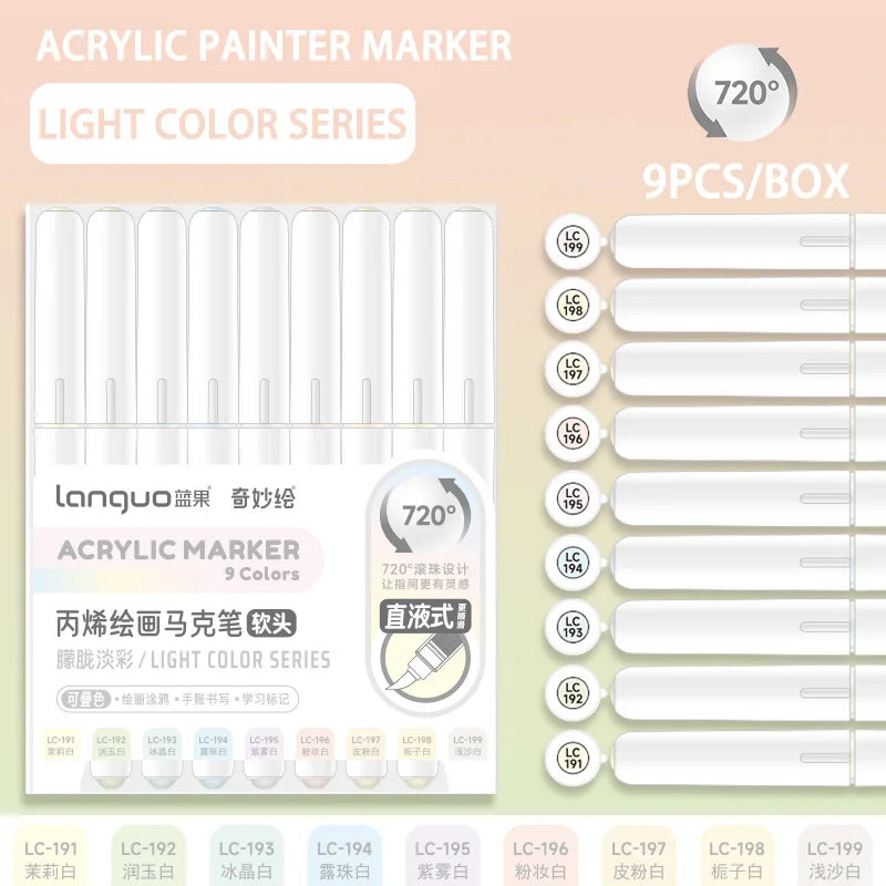 9pc Soft Brush Acrylic Marker Set – Vibrant DIY Paint Pens for Students & Artists