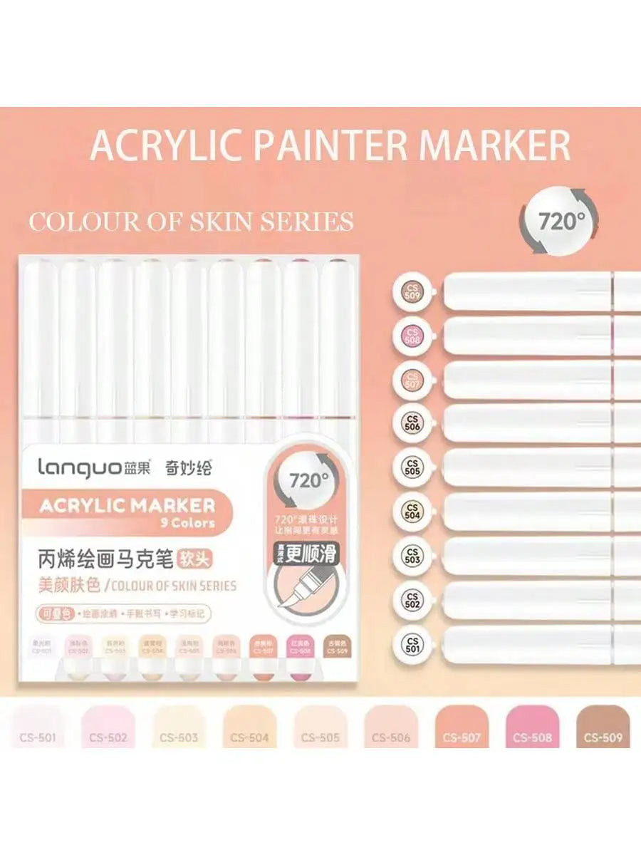 9pc Soft Brush Acrylic Marker Set – Vibrant DIY Paint Pens for Students & Artists