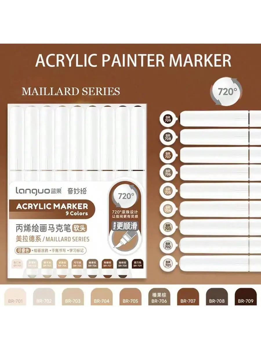 9pc Soft Brush Acrylic Marker Set – Vibrant DIY Paint Pens for Students & Artists