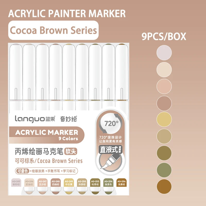 9pc Soft Brush Acrylic Marker Set – Vibrant DIY Paint Pens for Students & Artists