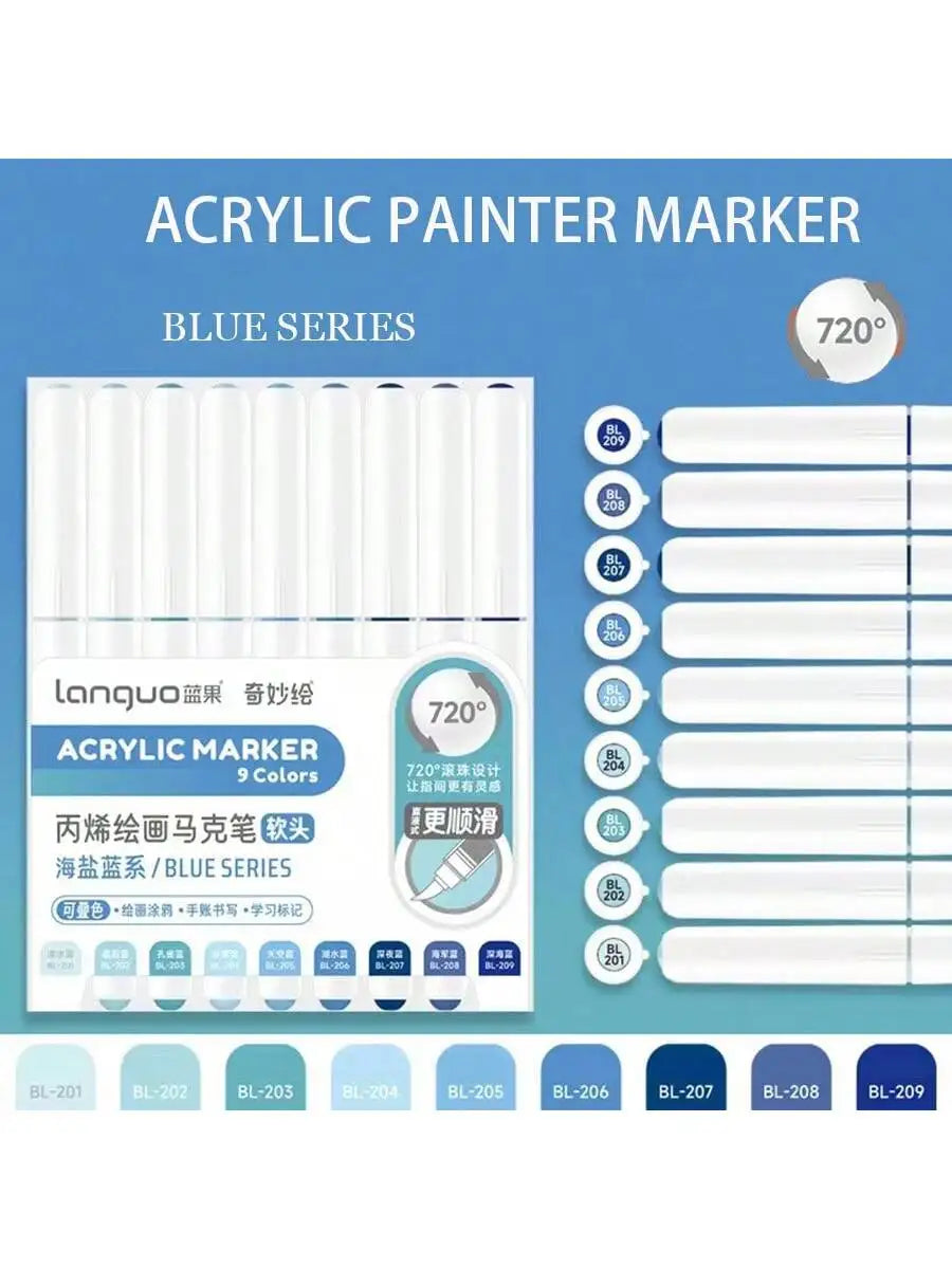9pc Soft Brush Acrylic Marker Set – Vibrant DIY Paint Pens for Students & Artists
