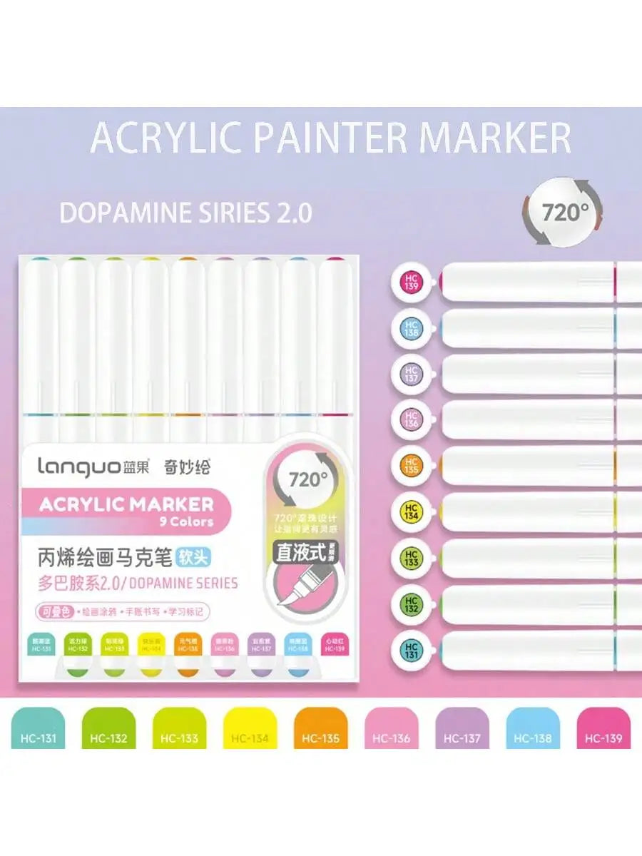 9pc Soft Brush Acrylic Marker Set – Vibrant DIY Paint Pens for Students & Artists
