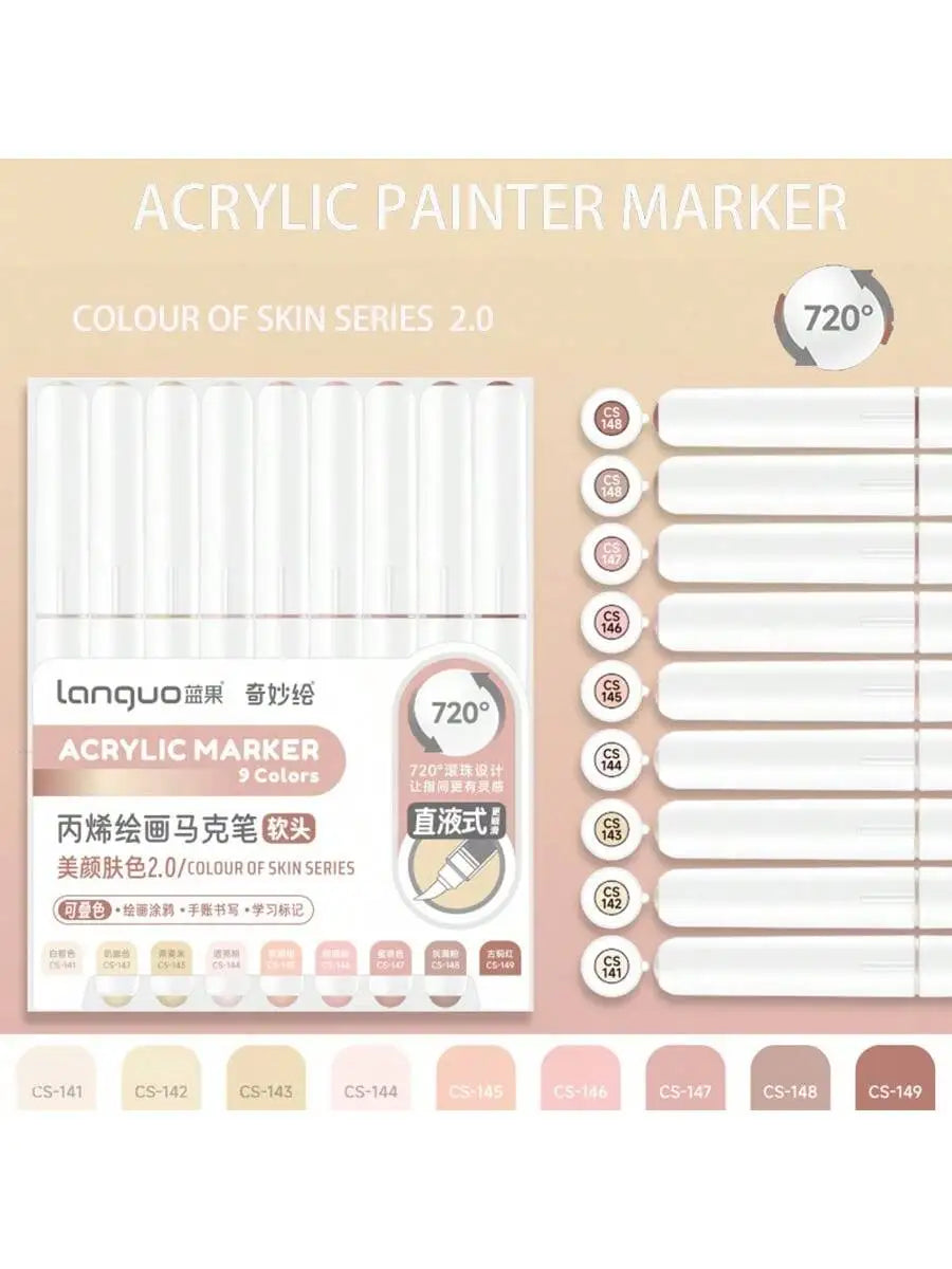 9pc Soft Brush Acrylic Marker Set – Vibrant DIY Paint Pens for Students & Artists