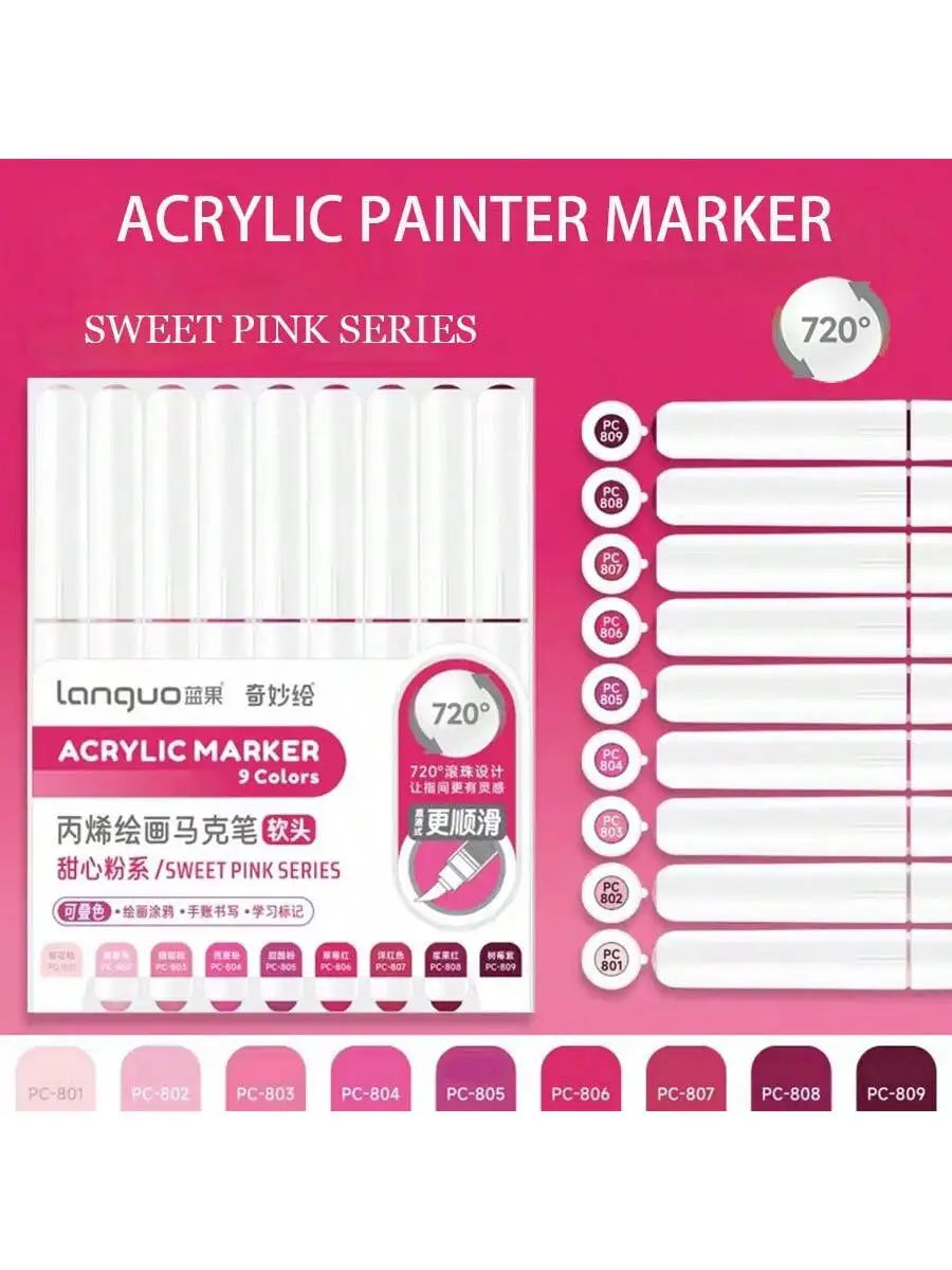 9pc Soft Brush Acrylic Marker Set – Vibrant DIY Paint Pens for Students & Artists